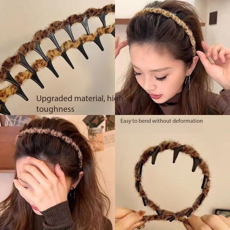 Korean version autumn and winter new leopard print with teeth wavy headband women wash face pressure hair advanced sense non-slip headband hair accessories headgear