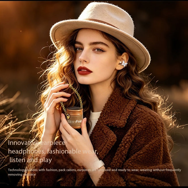 Bluetooth headset 2026 new high value, high sound quality, noise reduction and leak-proof super long battery life ear clip retro bag for women