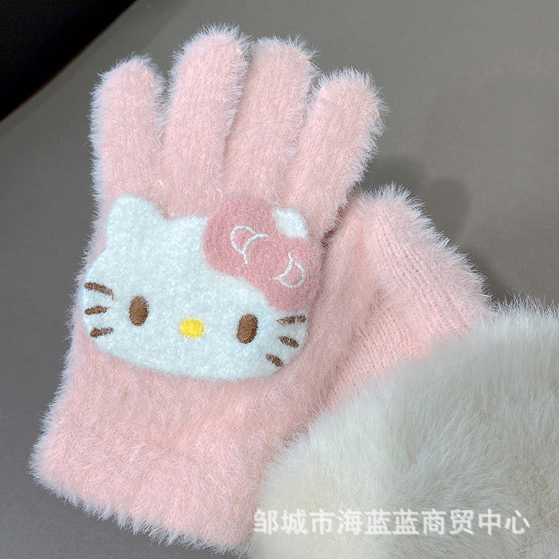小红书同款kt猫手套带钻带水钻猫咪装饰手套冬季保暖水貂毛可爱学