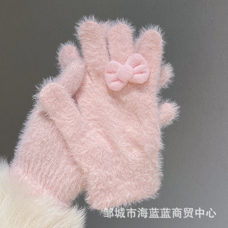 小红书同款kt猫手套带钻带水钻猫咪装饰手套冬季保暖水貂毛可爱学
