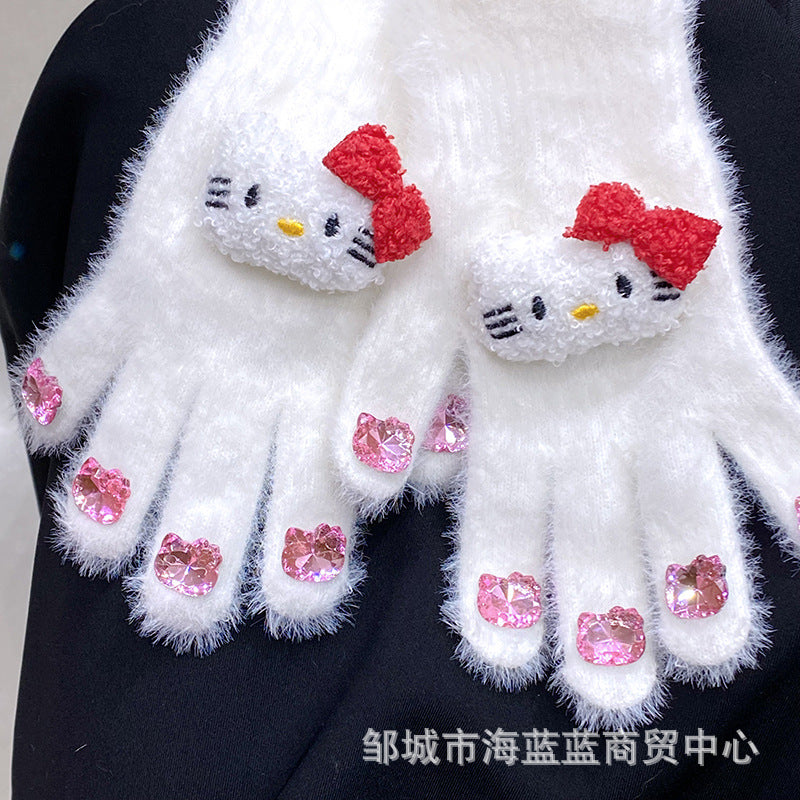 小红书同款kt猫手套带钻带水钻猫咪装饰手套冬季保暖水貂毛可爱学