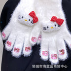 小红书同款kt猫手套带钻带水钻猫咪装饰手套冬季保暖水貂毛可爱学