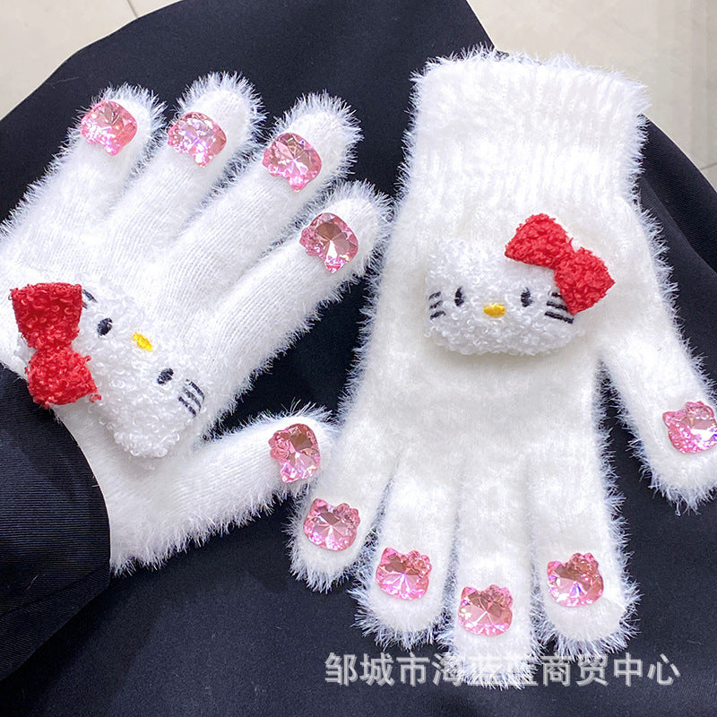 小红书同款kt猫手套带钻带水钻猫咪装饰手套冬季保暖水貂毛可爱学 Secondary image