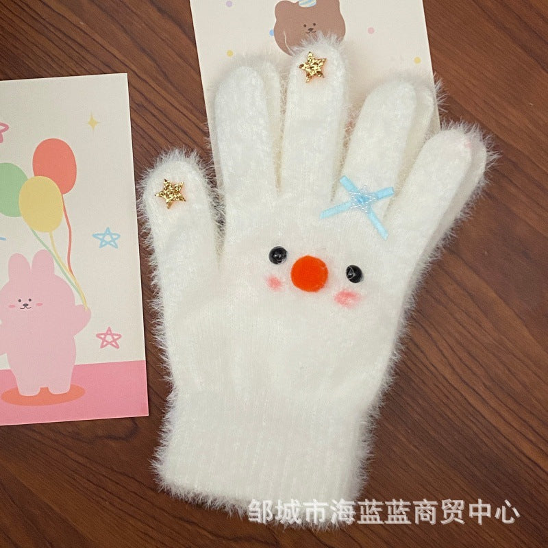 小红书同款kt猫手套带钻带水钻猫咪装饰手套冬季保暖水貂毛可爱学