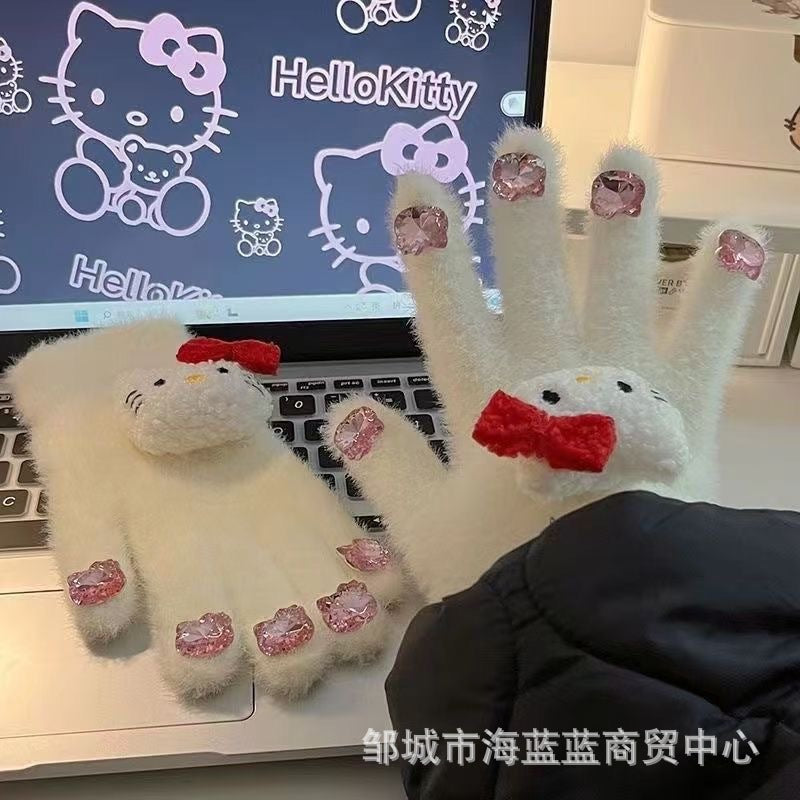 小红书同款kt猫手套带钻带水钻猫咪装饰手套冬季保暖水貂毛可爱学