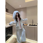 Korean cute rabbit ears hooded pajamas women's autumn and winter thickened coral fleece suit loose outer plush loungewear