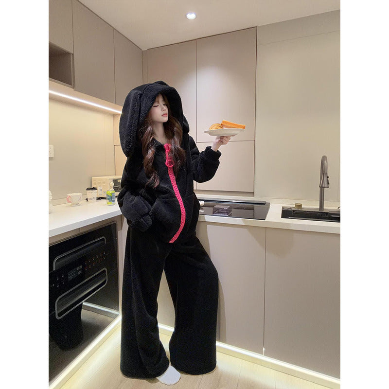 Korean cute rabbit ears hooded pajamas women's autumn and winter thickened coral fleece suit loose outer plush loungewear