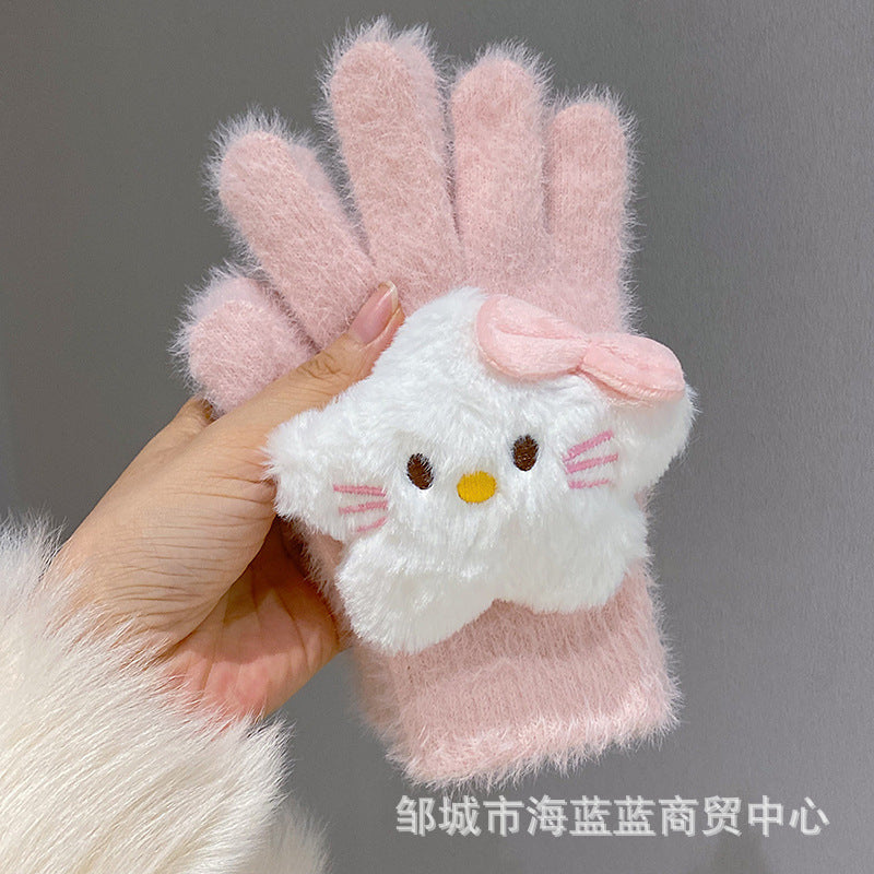 小红书同款kt猫手套带钻带水钻猫咪装饰手套冬季保暖水貂毛可爱学
