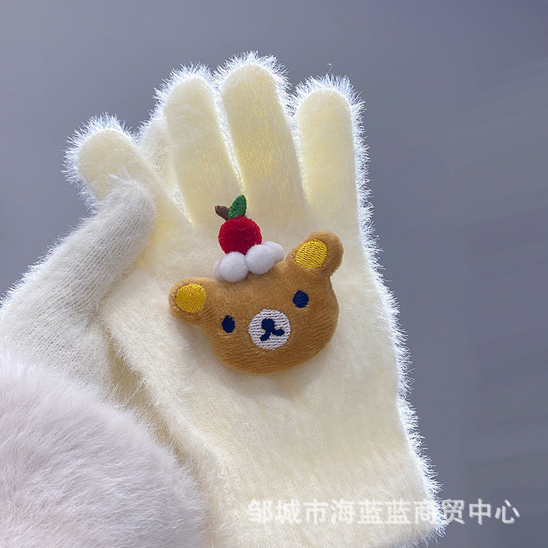 小红书同款kt猫手套带钻带水钻猫咪装饰手套冬季保暖水貂毛可爱学