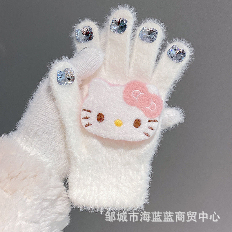 小红书同款kt猫手套带钻带水钻猫咪装饰手套冬季保暖水貂毛可爱学