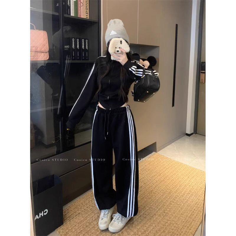 White sports fashion casual sweatpants set 2025 autumn loose three-bar design wide-leg pants two-piece set