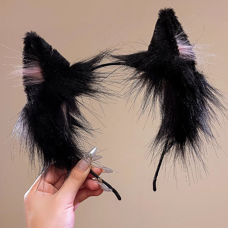 Cat ear headband female cos simulation three-dimensional animal ear KC cute plush ears wash face headband lolita hair accessories black