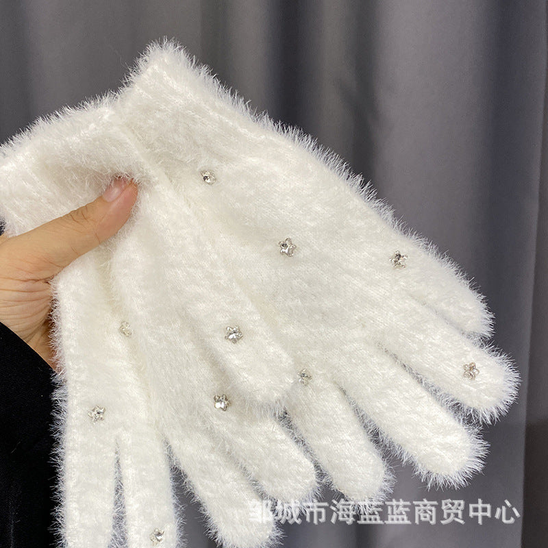 小红书同款kt猫手套带钻带水钻猫咪装饰手套冬季保暖水貂毛可爱学