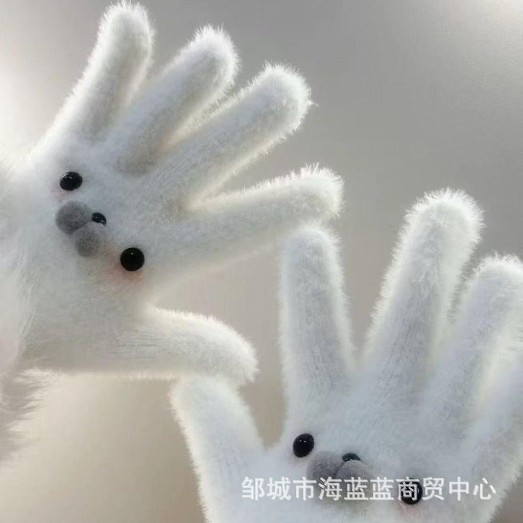 小红书同款kt猫手套带钻带水钻猫咪装饰手套冬季保暖水貂毛可爱学