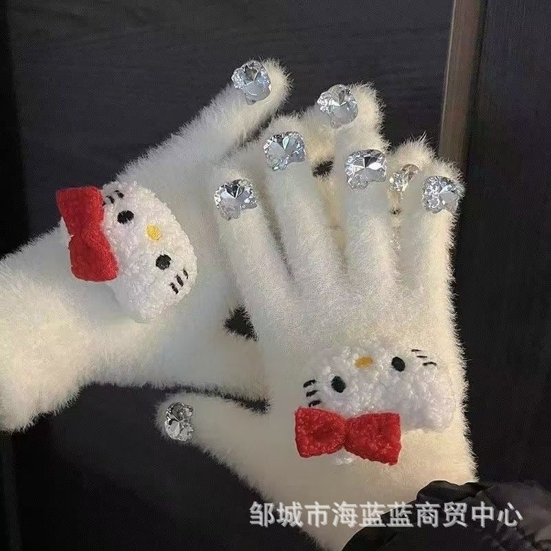 小红书同款kt猫手套带钻带水钻猫咪装饰手套冬季保暖水貂毛可爱学