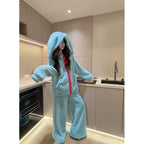 Korean cute rabbit ears hooded pajamas women's autumn and winter thickened coral fleece suit loose outer plush loungewear