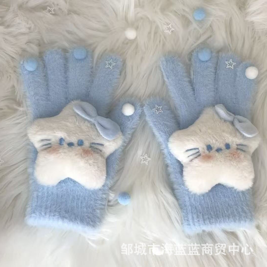 小红书同款kt猫手套带钻带水钻猫咪装饰手套冬季保暖水貂毛可爱学