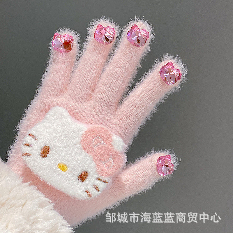 小红书同款kt猫手套带钻带水钻猫咪装饰手套冬季保暖水貂毛可爱学