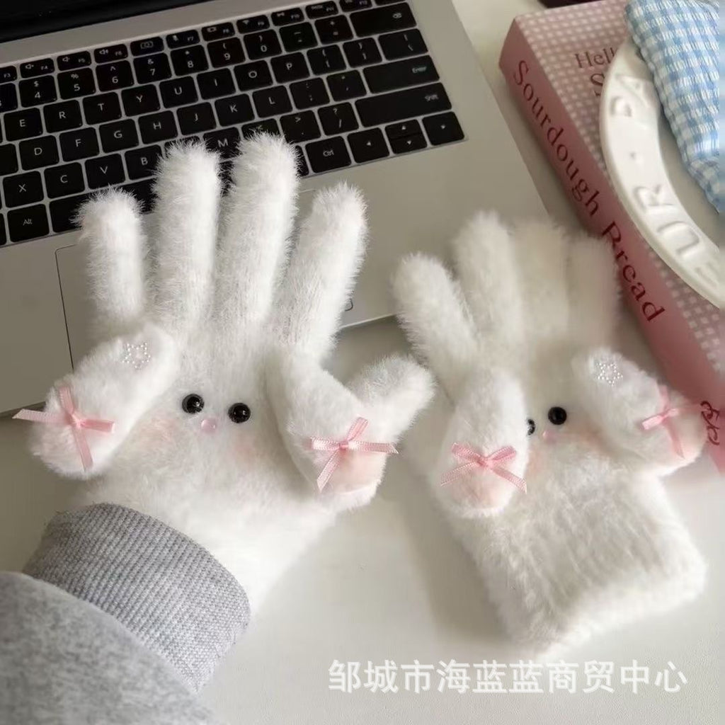 小红书同款kt猫手套带钻带水钻猫咪装饰手套冬季保暖水貂毛可爱学