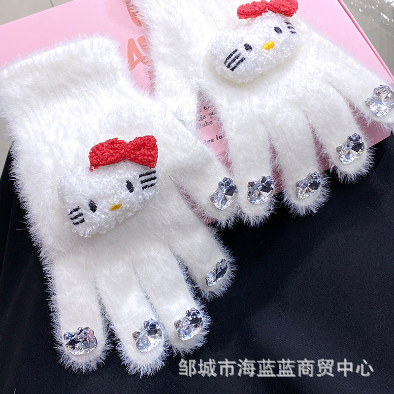 小红书同款kt猫手套带钻带水钻猫咪装饰手套冬季保暖水貂毛可爱学