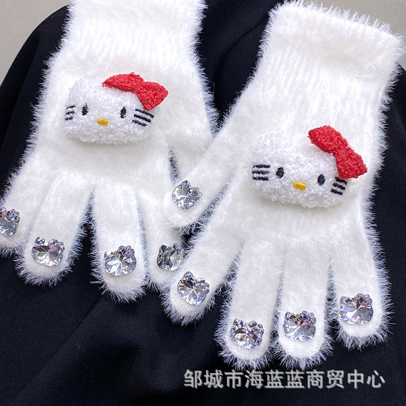 小红书同款kt猫手套带钻带水钻猫咪装饰手套冬季保暖水貂毛可爱学
