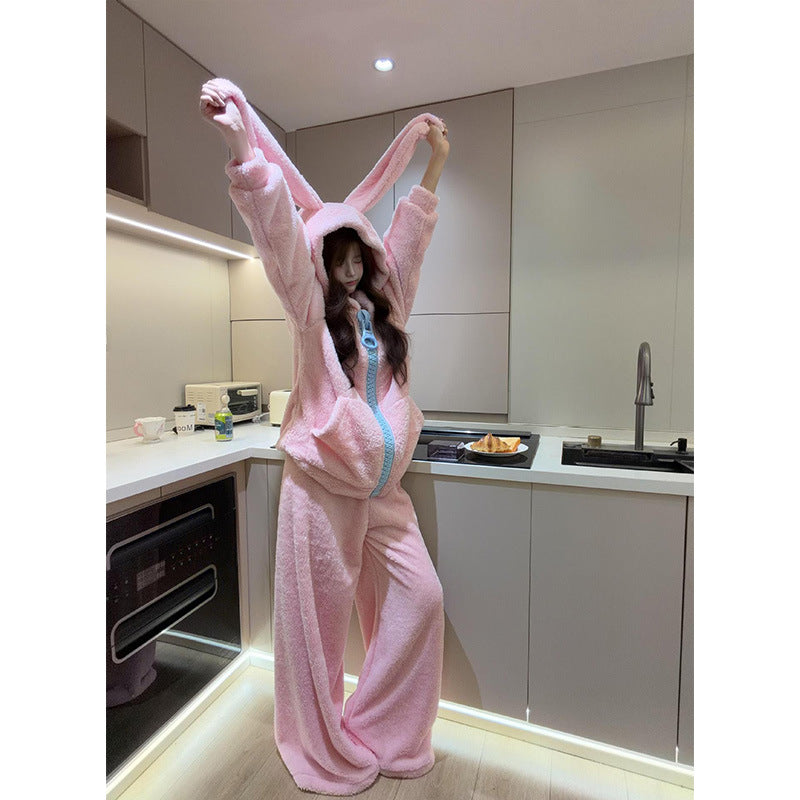 Korean cute rabbit ears hooded pajamas women's autumn and winter thickened coral fleece suit loose outer plush loungewear