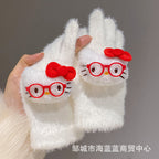 小红书同款kt猫手套带钻带水钻猫咪装饰手套冬季保暖水貂毛可爱学