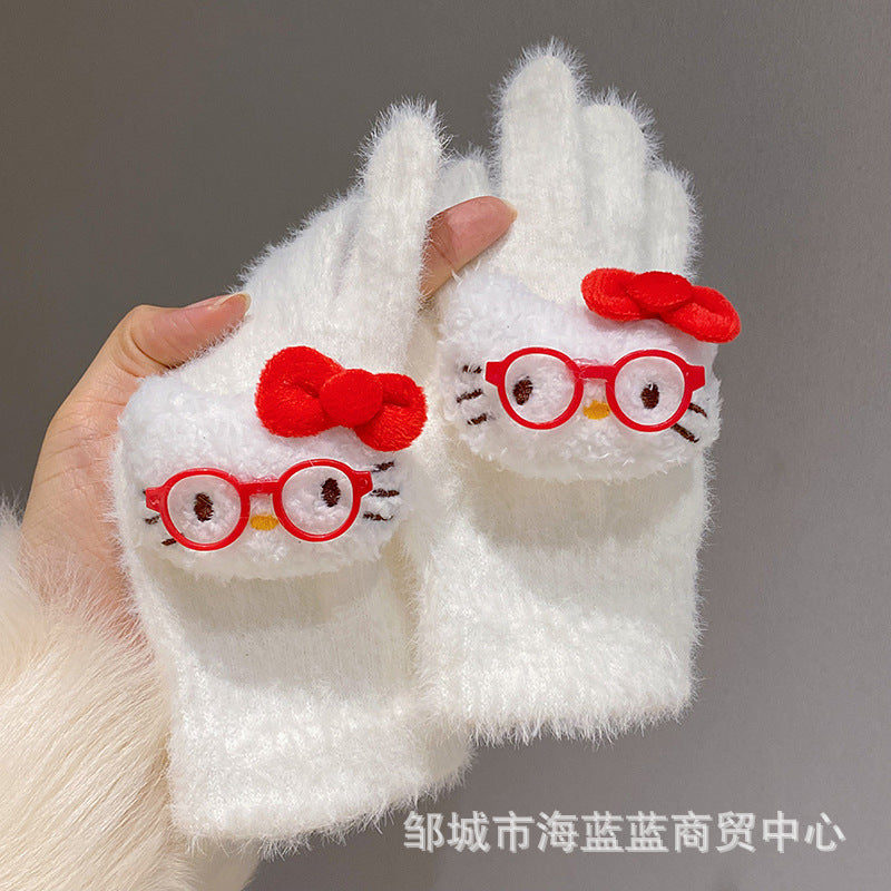 小红书同款kt猫手套带钻带水钻猫咪装饰手套冬季保暖水貂毛可爱学