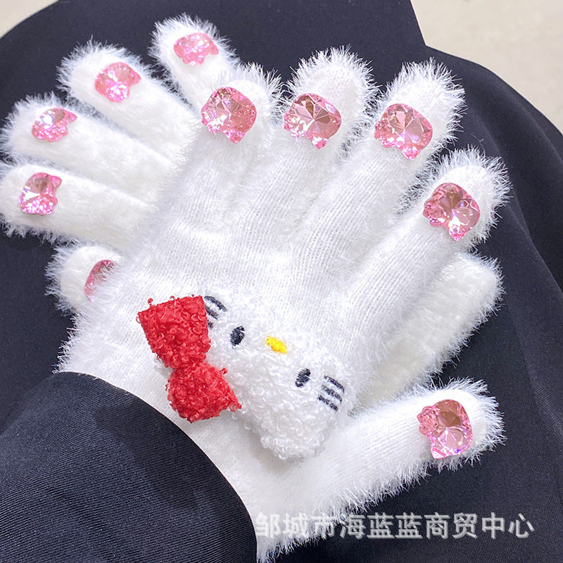 小红书同款kt猫手套带钻带水钻猫咪装饰手套冬季保暖水貂毛可爱学