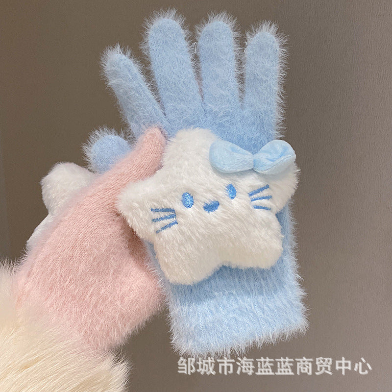 小红书同款kt猫手套带钻带水钻猫咪装饰手套冬季保暖水貂毛可爱学