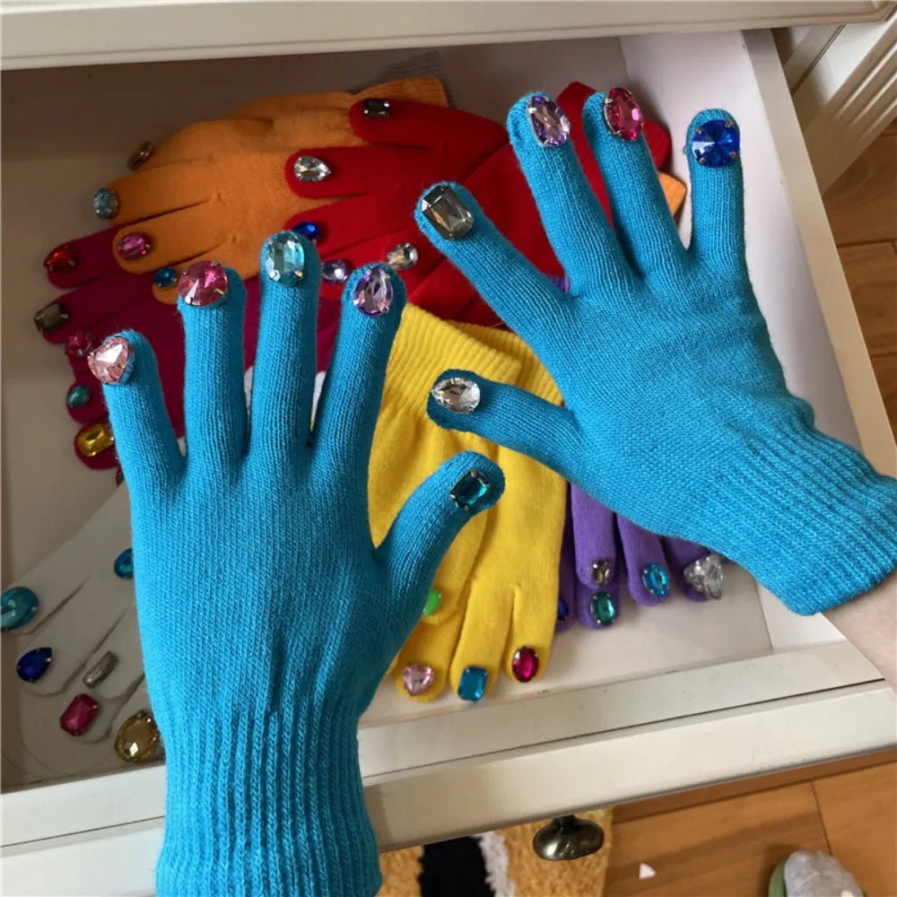 Multi-Color Rhinestone Knitted Gloves Glitter Finish Keep Warm Five-fingered Gloves Random Diamond Embellishments