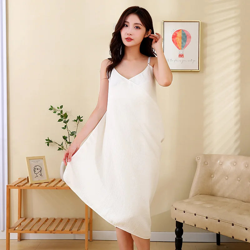 Adjustable Shoulder Strap Cotton Bath Robe Women's Sleepwear Skin-friendly Absorbent Backless Dress Home Textile Towel