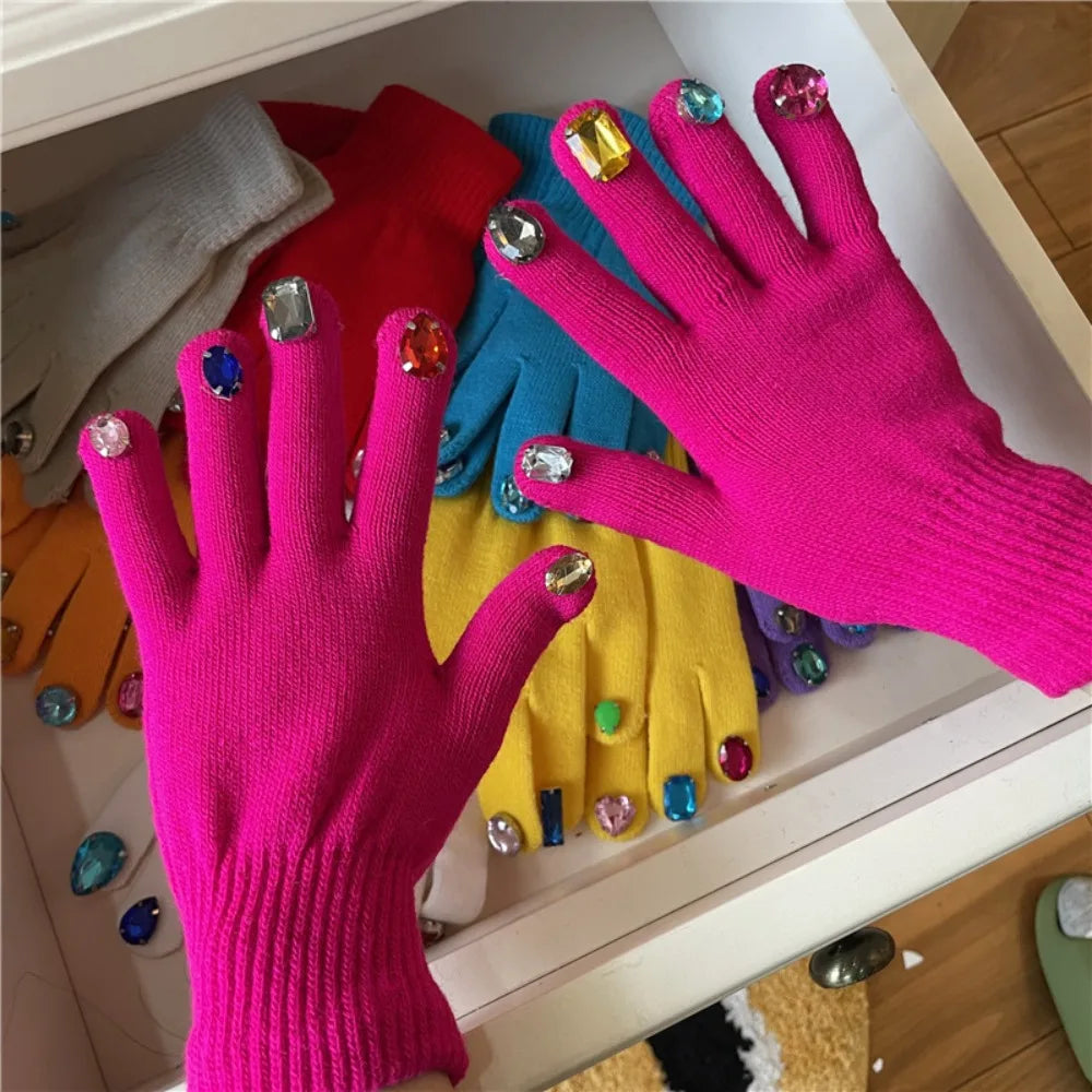Multi-Color Rhinestone Knitted Gloves Glitter Finish Keep Warm Five-fingered Gloves Random Diamond Embellishments
