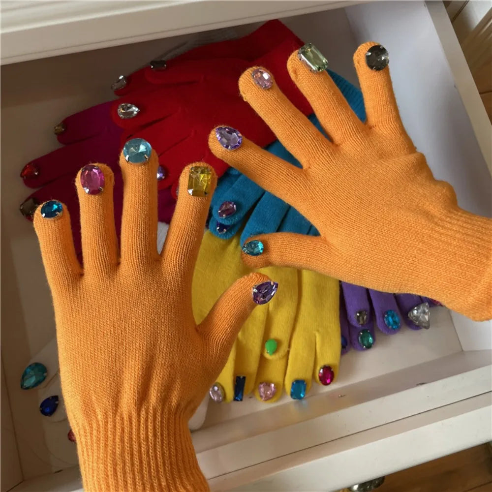 Multi-Color Rhinestone Knitted Gloves Glitter Finish Keep Warm Five-fingered Gloves Random Diamond Embellishments