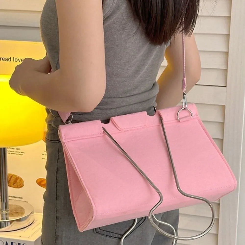 Large-Capacity Felt Binder Clip Crossbody Bag Quirky Fun Shape Long Tail Clip Handbag Solid Color Unique Funny Shoulder Bag