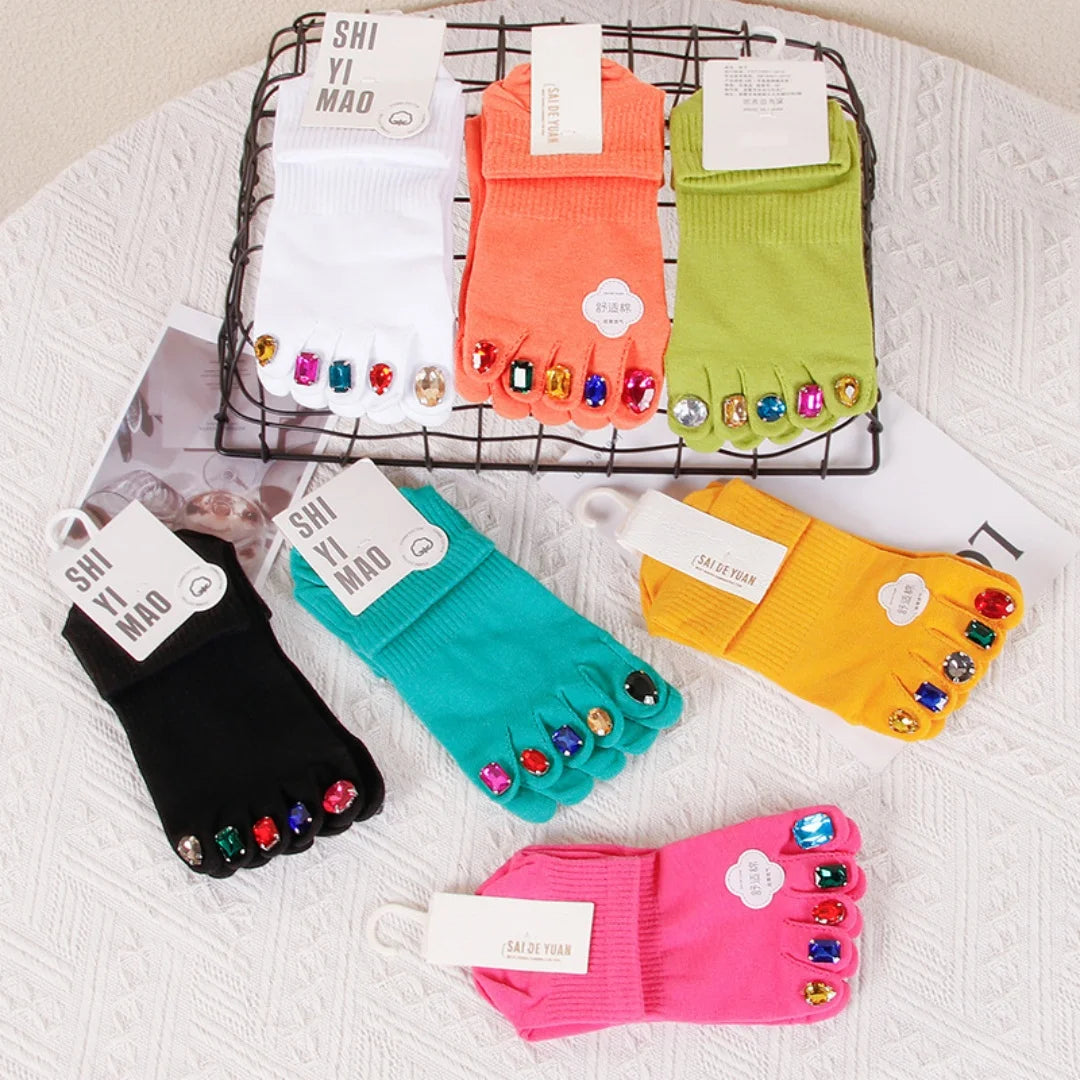 Creative Rhinestone Toe Nail Art Five‑Toe Socks, Breathable Polyester Split‑Toe Mid‑Calf Socks, Multi‑Color Trendy Casual Socks Secondary image