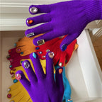 Multi-Color Rhinestone Knitted Gloves Glitter Finish Keep Warm Five-fingered Gloves Random Diamond Embellishments