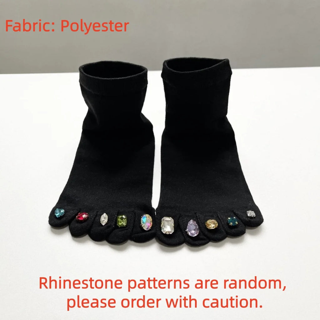 Creative Rhinestone Toe Nail Art Five‑Toe Socks, Breathable Polyester Split‑Toe Mid‑Calf Socks, Multi‑Color Trendy Casual Socks