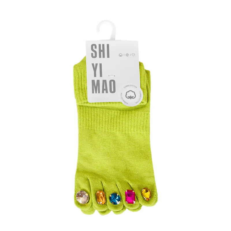 Creative Rhinestone Toe Nail Art Five‑Toe Socks, Breathable Polyester Split‑Toe Mid‑Calf Socks, Multi‑Color Trendy Casual Socks