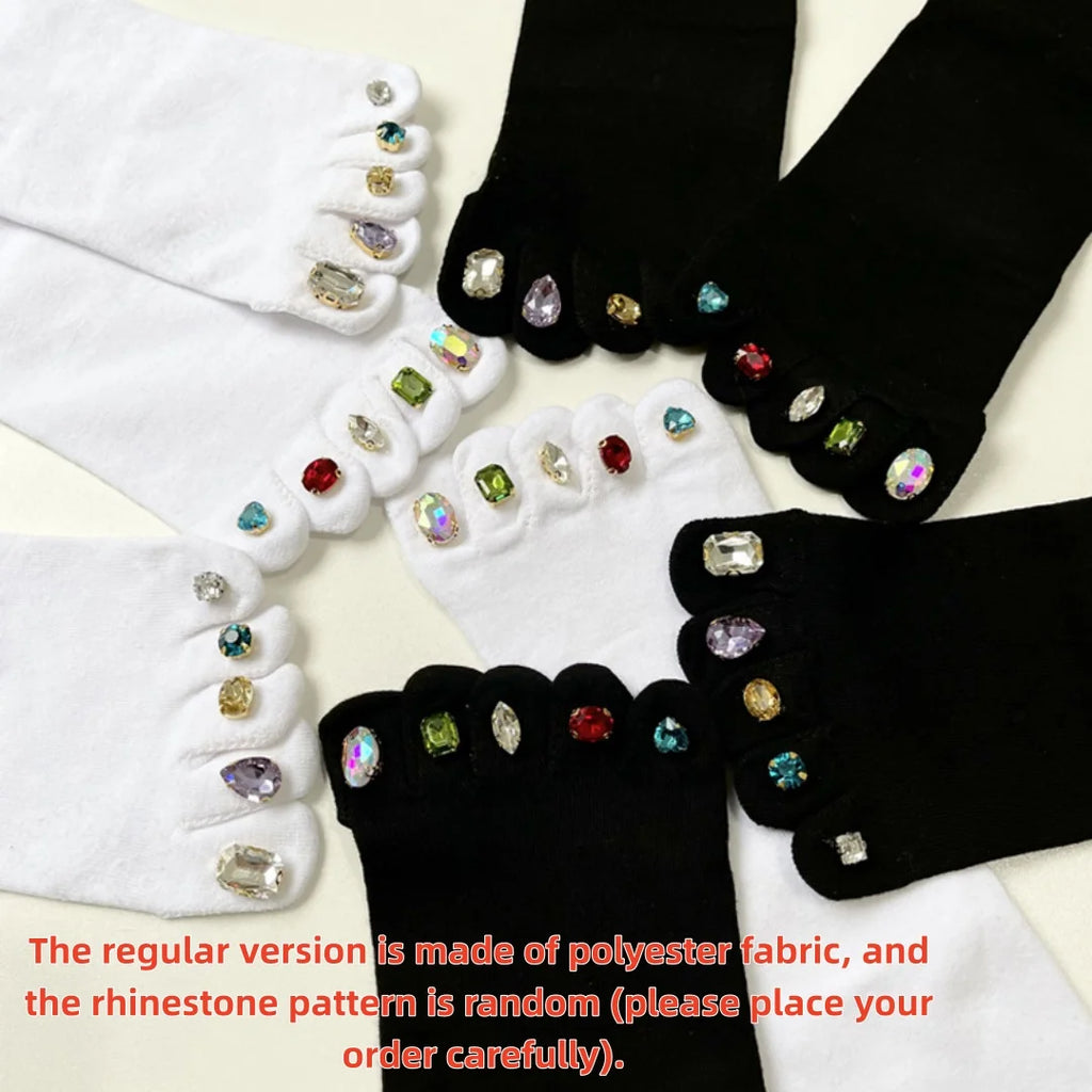Creative Rhinestone Toe Nail Art Five‑Toe Socks, Breathable Polyester Split‑Toe Mid‑Calf Socks, Multi‑Color Trendy Casual Socks