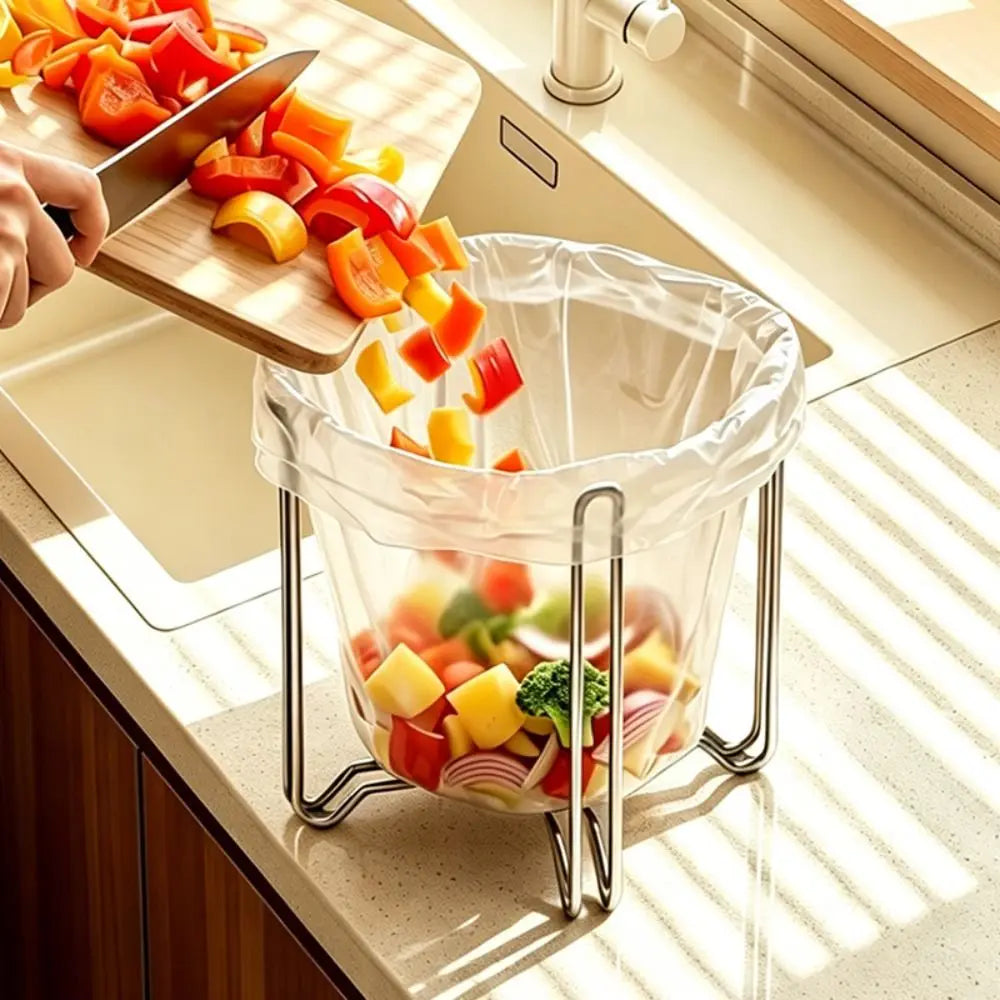 304 Stainless Steel Trash Bag Holder Foldable Raised Bottom Garbage Bag Rack Portable Wide Opening Sink Garbage Organizer
