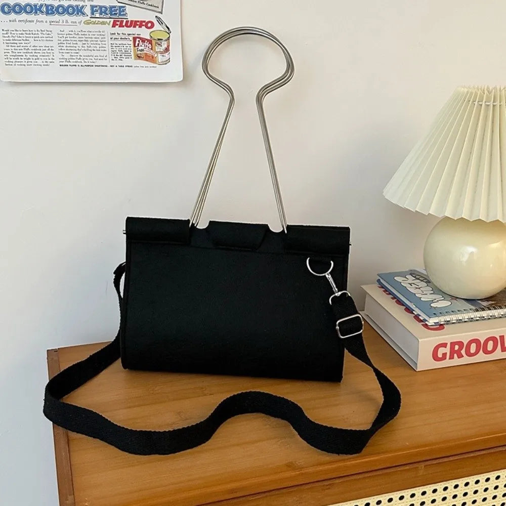 Large-Capacity Felt Binder Clip Crossbody Bag Quirky Fun Shape Long Tail Clip Handbag Solid Color Unique Funny Shoulder Bag