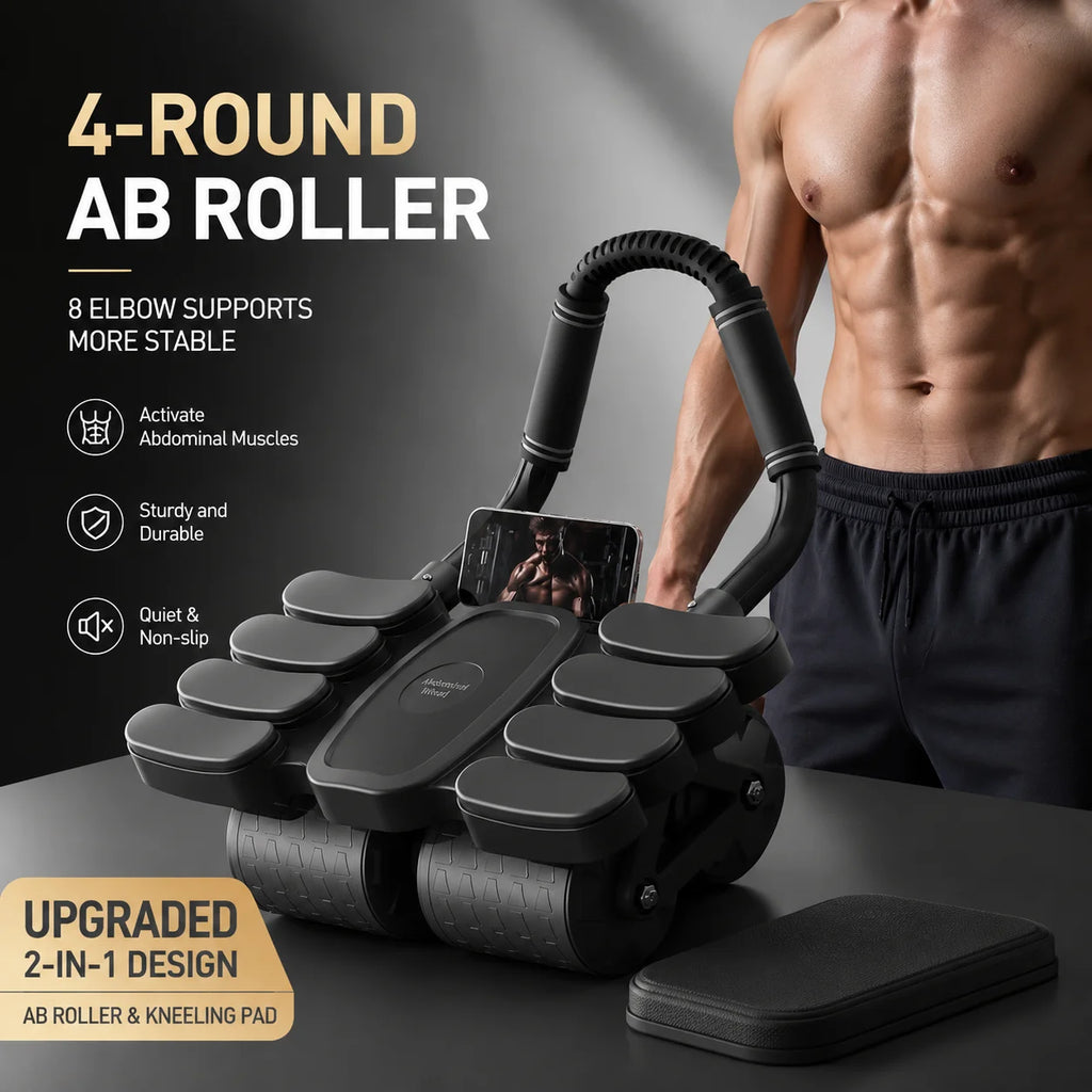 Automatic Rebound Ab Roller 4 Wheel Core Trainer with Elbow Support Abdominal Workout Exercise Equipment for Home Gym