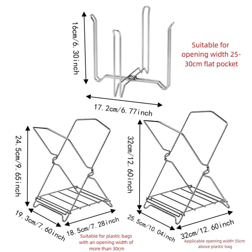 304 Stainless Steel Trash Bag Holder Foldable Raised Bottom Garbage Bag Rack Portable Wide Opening Sink Garbage Organizer