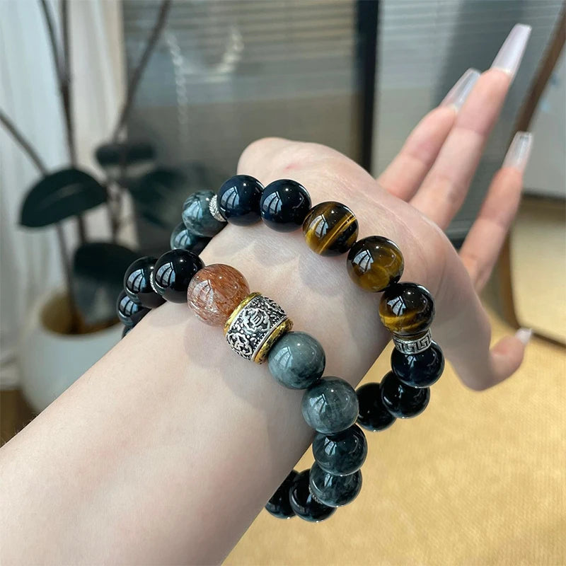 12mm Natural Yellow Tiger Eye Stone Transfer Bead Bracelet with Natural Lightning Pattern, Fashionable and Cool Unisex Bracelet Secondary image