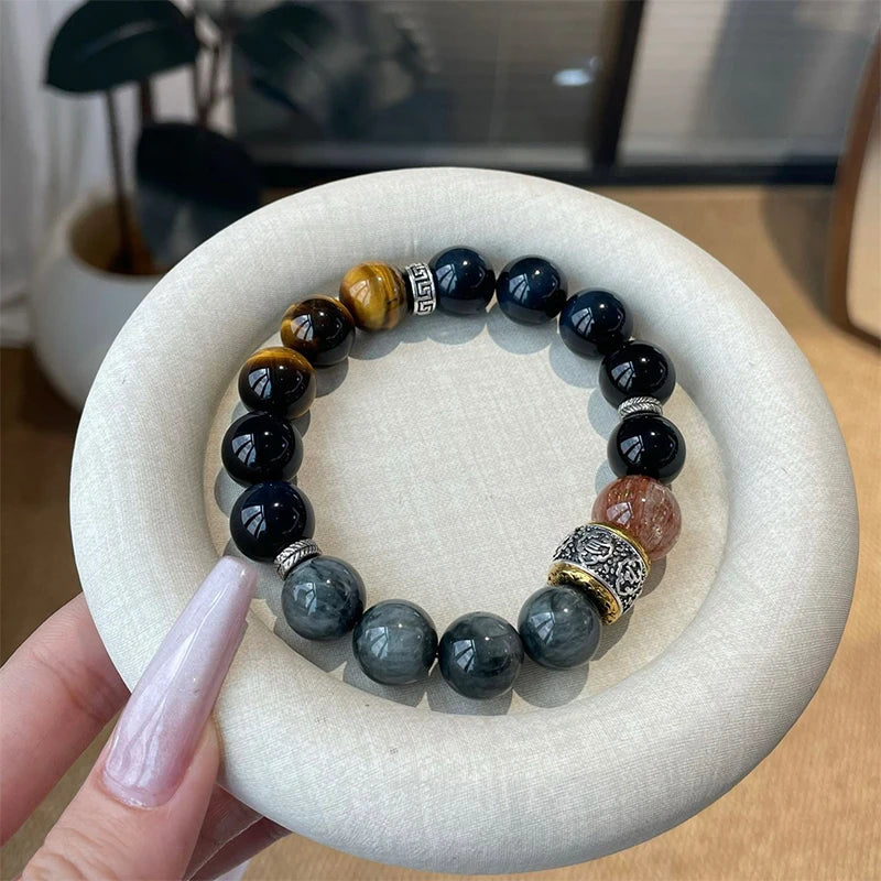 12mm Natural Yellow Tiger Eye Stone Transfer Bead Bracelet with Natural Lightning Pattern, Fashionable and Cool Unisex Bracelet Main image