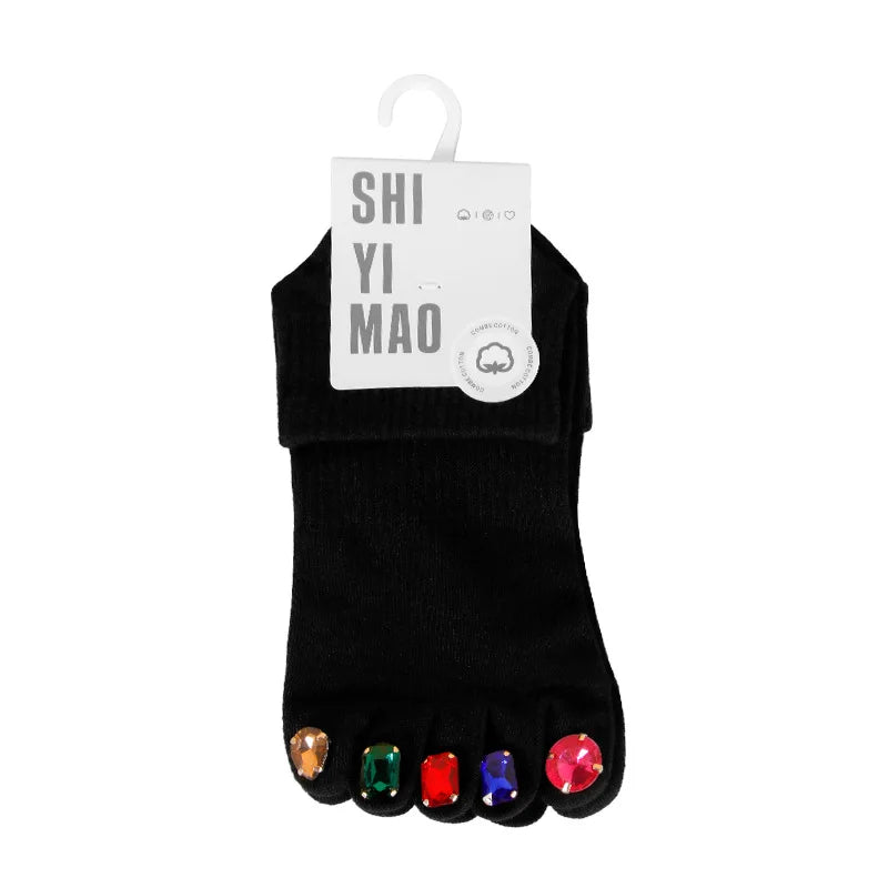 Creative Rhinestone Toe Nail Art Five‑Toe Socks, Breathable Polyester Split‑Toe Mid‑Calf Socks, Multi‑Color Trendy Casual Socks