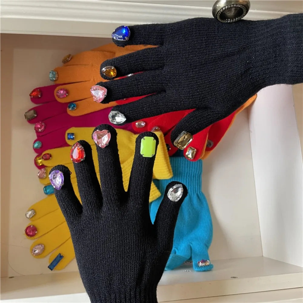 Multi-Color Rhinestone Knitted Gloves Glitter Finish Keep Warm Five-fingered Gloves Random Diamond Embellishments