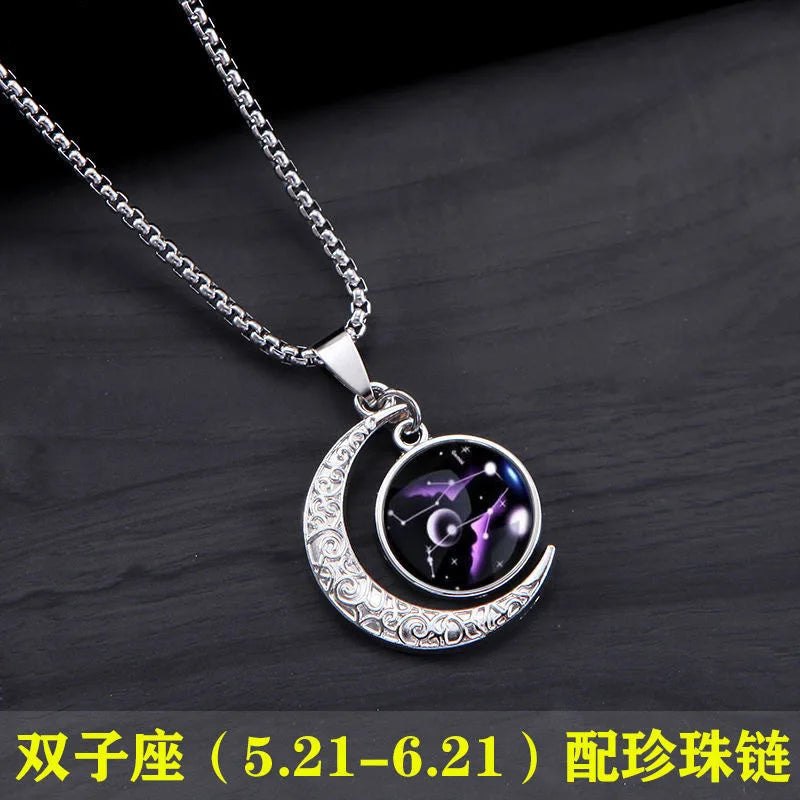 New Zodiac Sign Necklaces for Men Women Trendy Luminous Pendant Necklaces Cool Unique Couple Hip-hop Necklaces Stainless Steel