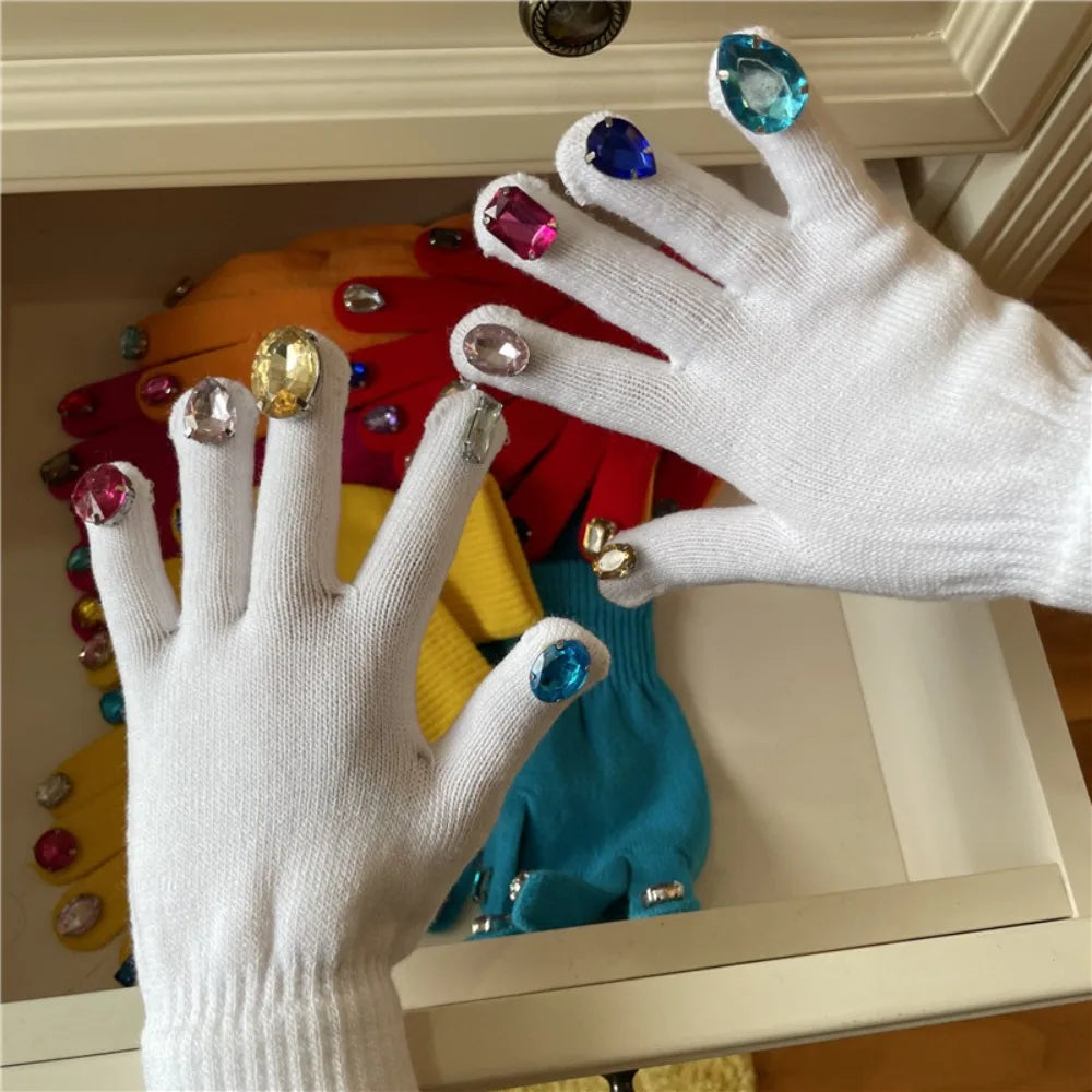 Multi-Color Rhinestone Knitted Gloves Glitter Finish Keep Warm Five-fingered Gloves Random Diamond Embellishments
